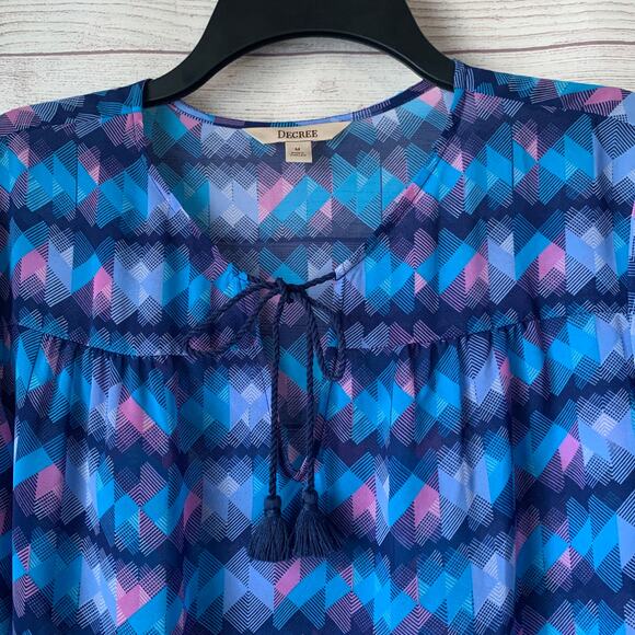 Decree Blue and Pink Abstract Blouse Tassel Tie String Long Sleeve Size Medium - Picture 2 of 15